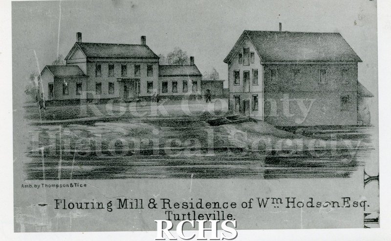 Black and white photograph of a drawing of the Flouring Mill & Residence of Wm. Hodson Esq., Turtleville, a mill and house.