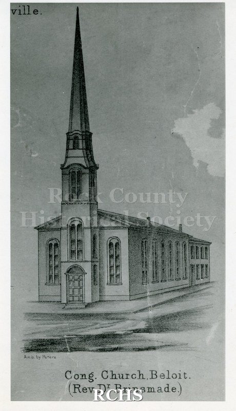 Black and white photograph of a drawing of the Congregational Church, Beloit, WI. Shows a one story church with a steeple above the front door. On bottom: "Cong.
