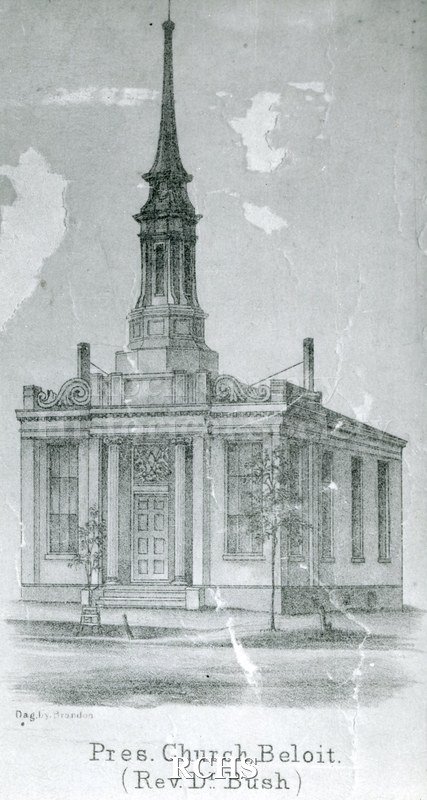 Black and white photograph of a drawing of the Presbyterian Church, Beloit, WI, a one story church with a steeple on top. On bottom: "Pres. Church, Beloit (Rev. Dr.