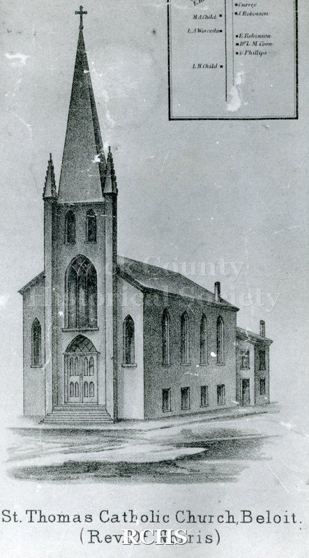 Black and white photograph of a drawing of St. Thomas Catholic Church, Beloit, WI, a one story church with a steeple projecting upward from the front of the.