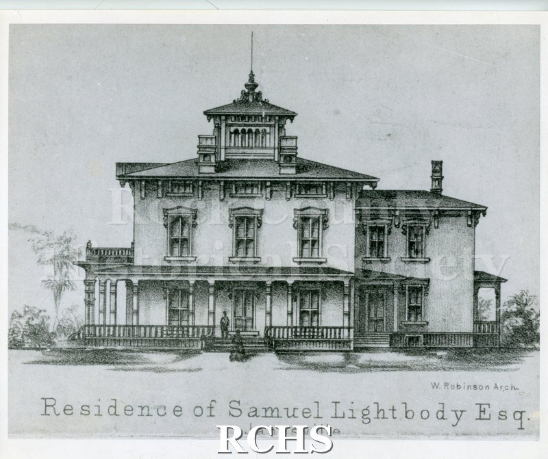 Black and white photograph of a drawing of the residence of Samuel Lightbody, Janesville, WI, a two story house with a cupola on top.