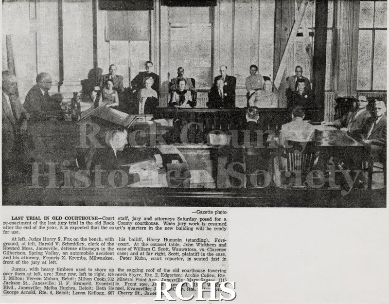 Black and white photograph of the last jury trial in Rock County Court House. This is a newspaper article showing a trial in progress.