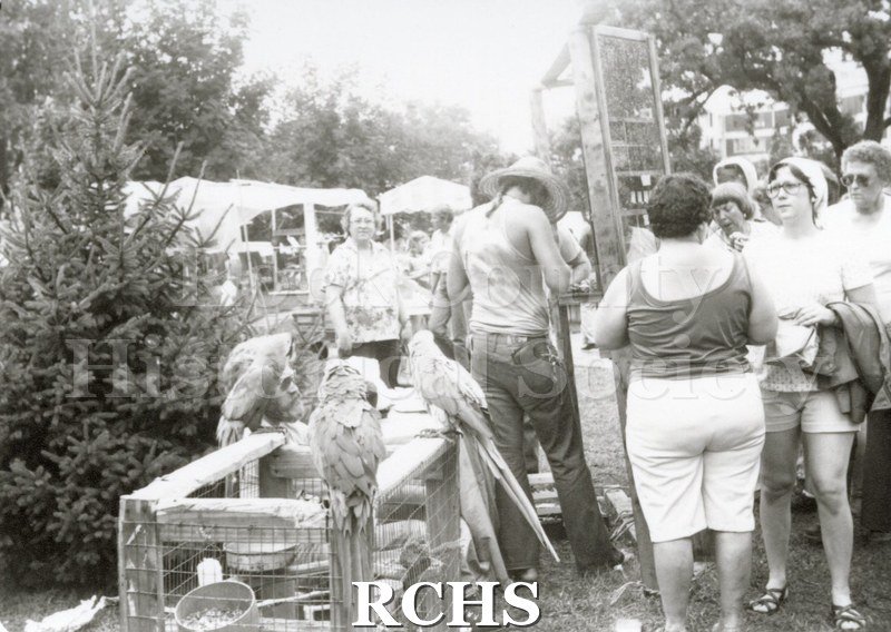Black and white photograph of the Tallman Arts Exhibit. Shows people looking at a display of exotic birds. Other tents are shown in the background.
