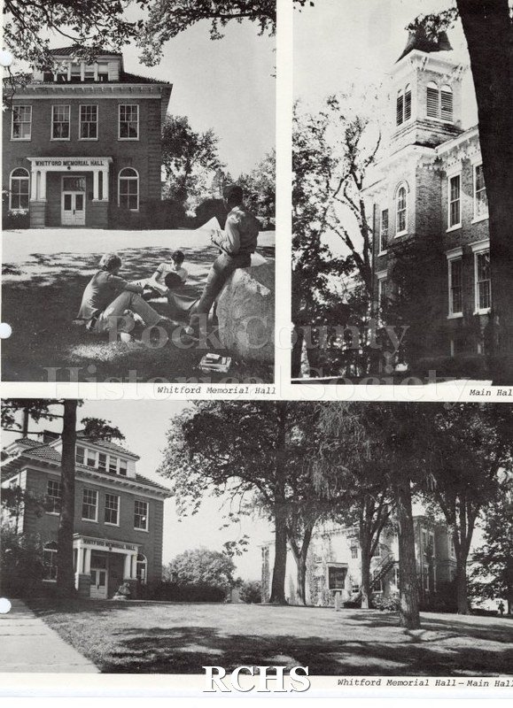 Black and white photograph of Whitford Memorial Hall and Main Hall, Milton College. Collage of copies of three photographs.