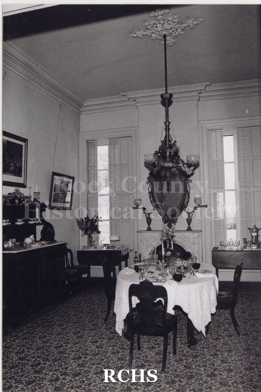 Black and white photograph of the Dining room in the Tallman House.