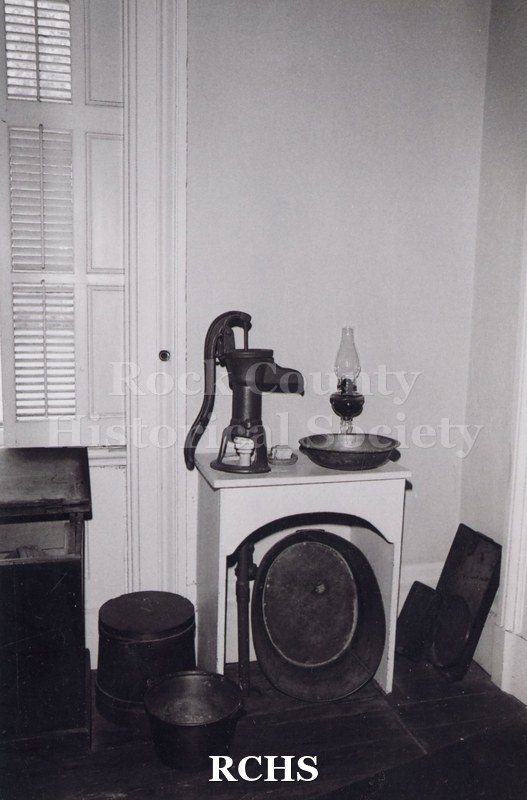 Black and white photograph of the Tallman House sink on main floor.