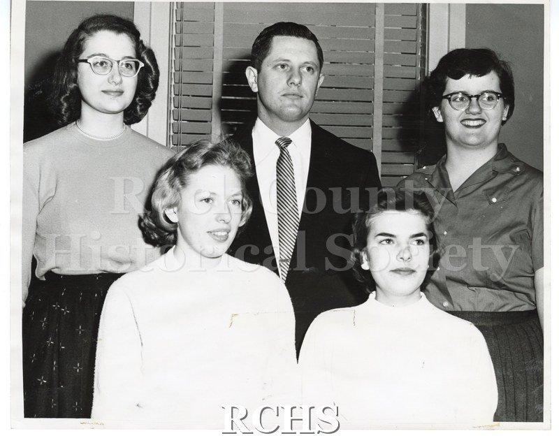 Black and white photograph of Rita Burdick, Jack Reed, Linda Bingham, Charlotte Reinke, and Muriel Steinkamp.