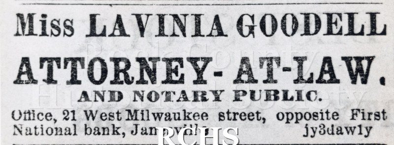 Black and white photograph of a sign that reads: "Miss Lavinia Goodell Attorney-At-Law and Notary Public Office, 21 West Milwaukee street, opposite First National.