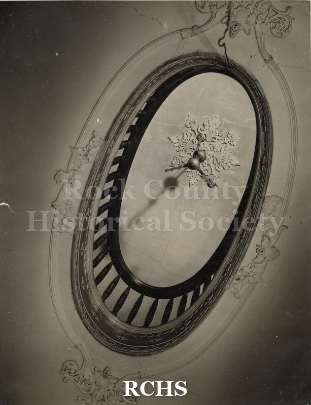 Black and white photograph of the well in the staircase at the Tallman House.