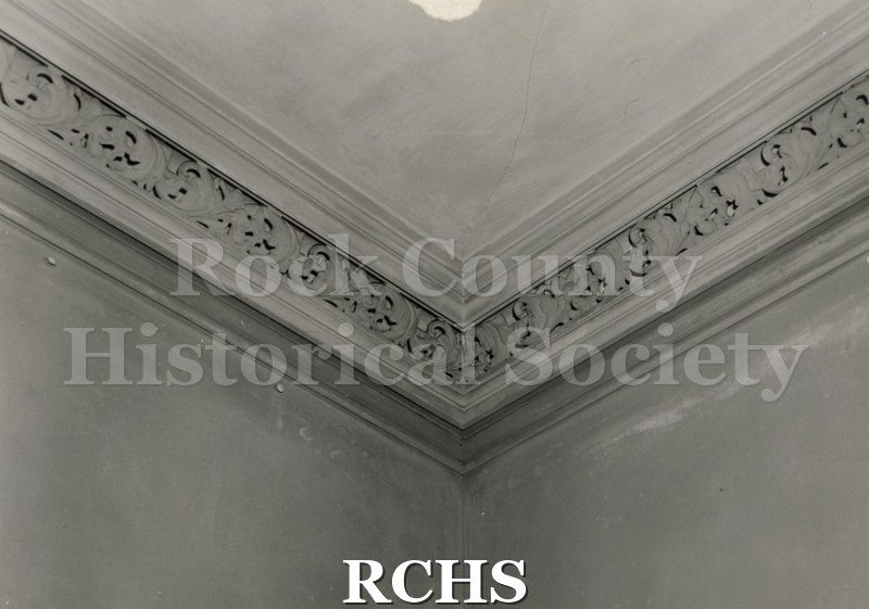 Black and white photograph of part of a decorative ceiling in the Tallman House.