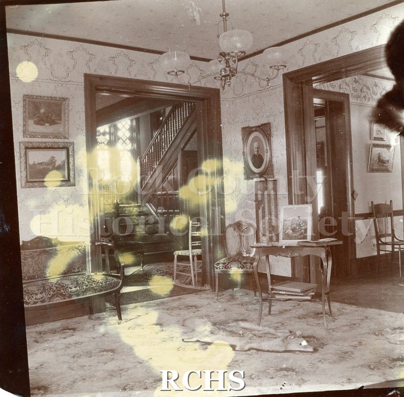 Black and white photograph of the inside of Dr. James Mills' residence.