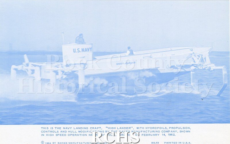 Bluish photograph of "High Lander" on the water near Norfolk, Virginia. Blue print of a landing craft in the water with three people aboard.
