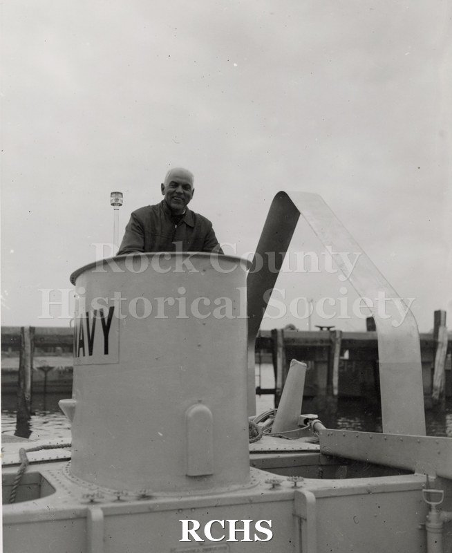 Black and white photograph of LCVP with J. G. Baker in the turret of the hydrofoil boat. U.S.Navy is visible.