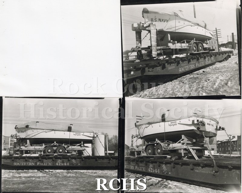 Black and white photograph of "High Tail" on a railroad car from the Southern Pacific 42944. Three views.