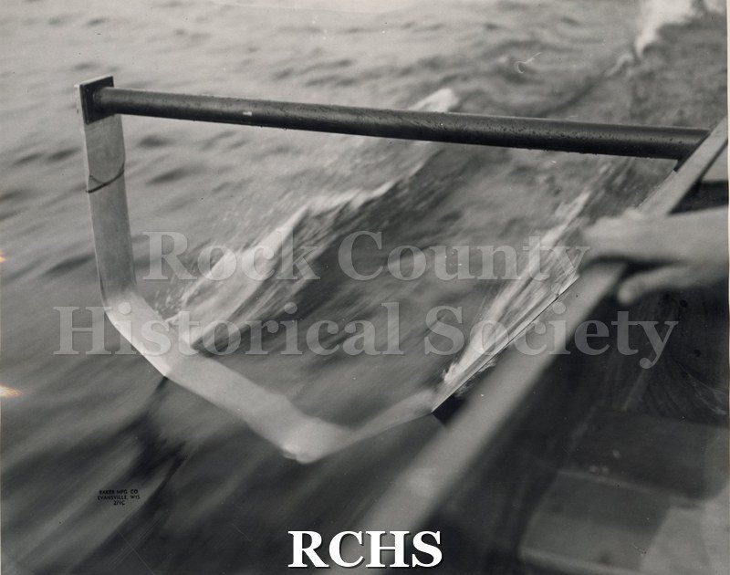 Black and white photograph of a close-up of the right hydrofoil medium immersion-hydrofoil boat. Photographer: Arthur M.