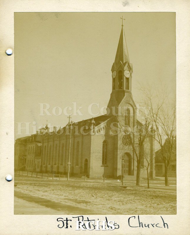 Black and white photograph of St. Patrick's Church, Janesville WI On bottom: "St. Patrick's Church".