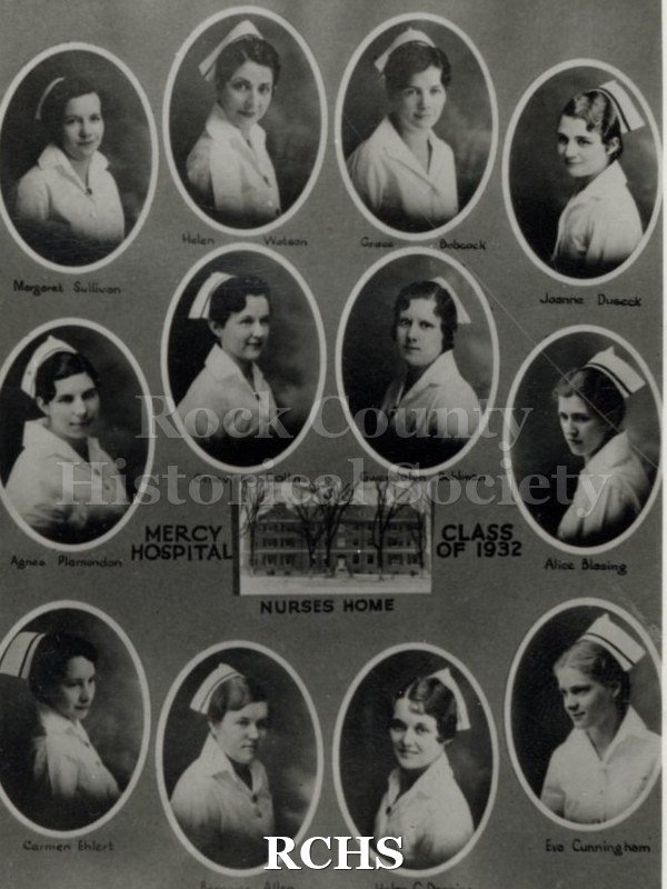 Black and white photograph of Mercy Hospital School of Nursing Class of 1932: First Row: Margaret Sullivan; Helen Watson; Grace Babcock; Joanne Dusek Second Row.