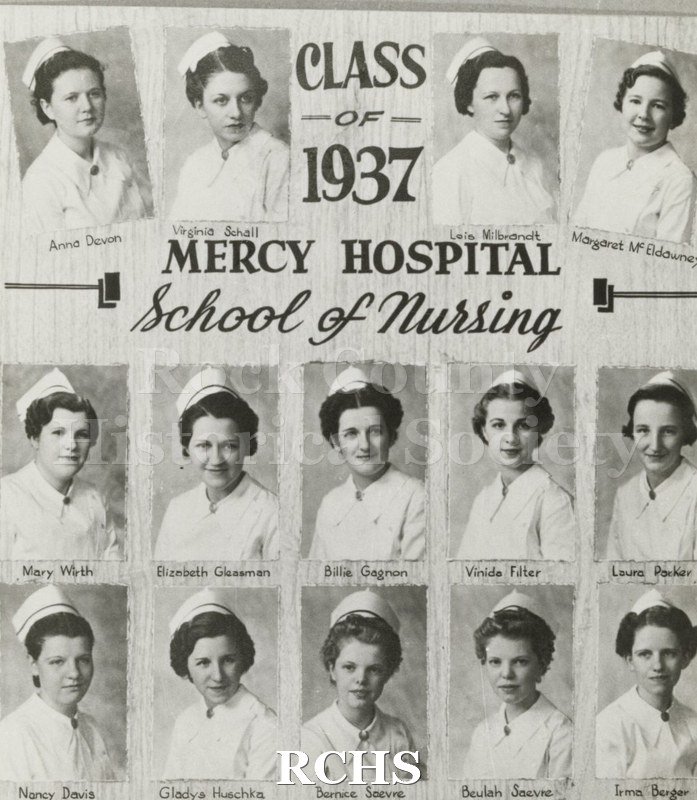 Black and white photograph of the Mercy Hospital School of Nursing Class of 1937: First Row: Anna Devon, Virginia Schall, Lois Milbrandt, Margaret McEldowney.