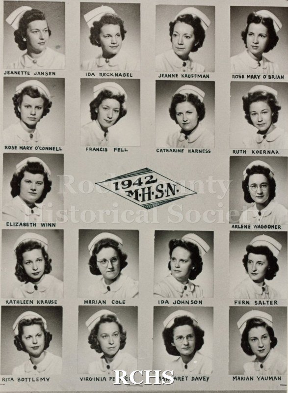 Black and white photograph of the Mercy Hospital School of Nursing Class of 1942: First Row: Jeanette Jansen; Ida Recknagel; Jeanne Kauffman; Rose Mary O'Brian.