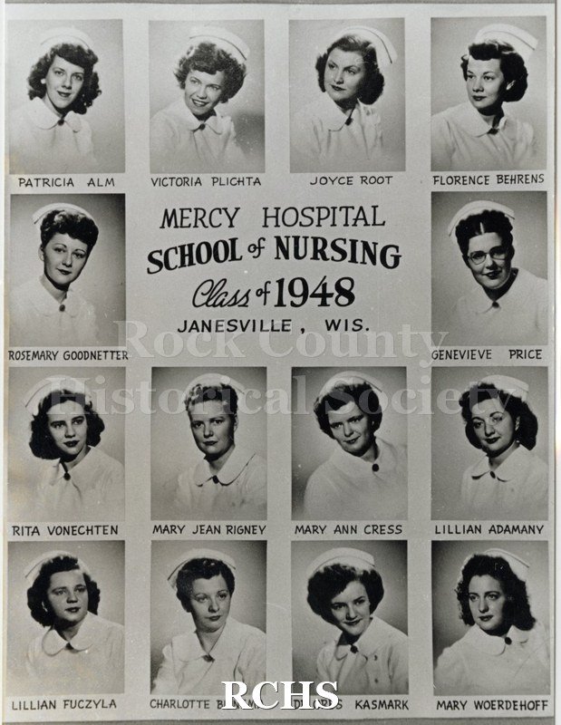 Black and white photograph of the Mercy Hospital School of Nursing Class of 1948: First Row: Patricia Alm; Victoria Plichta; Joyce Root; Florence Behrens Second.
