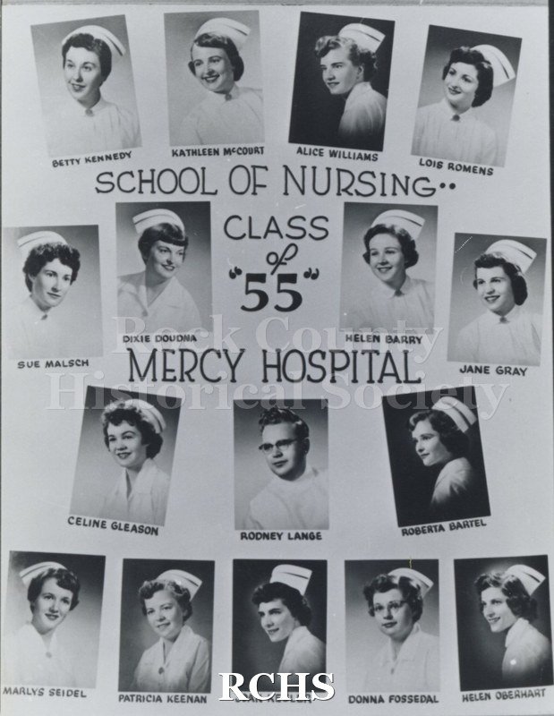 Black and white photograph of the Mercy Hospital School of Nursing Class of 1955: First Row: Betty Kennedy; Kathleen McCourt; Alice Williams; Lois Romens Second.