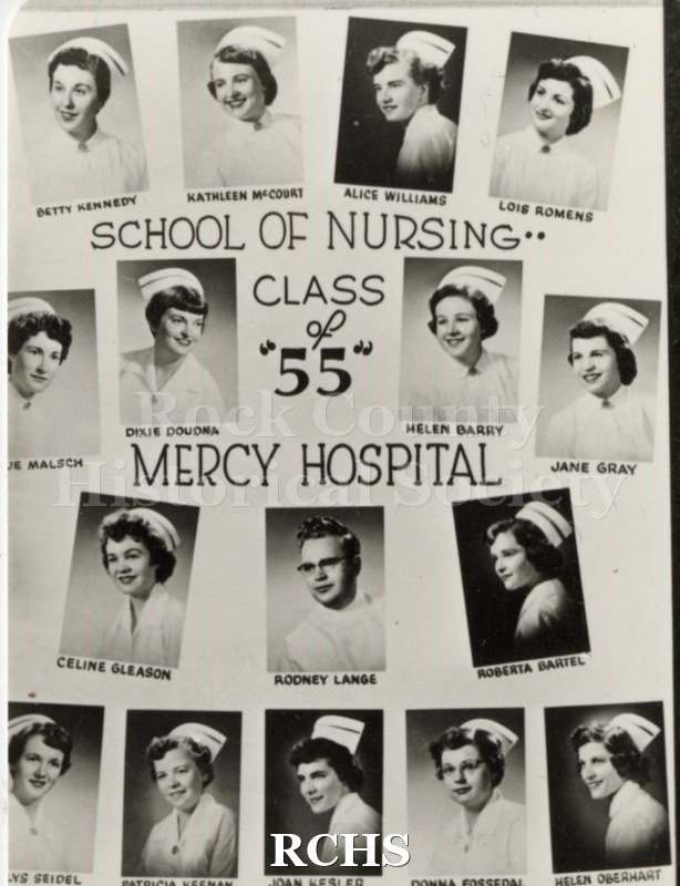 Black and white photograph of the Mercy Hospital School of Nursing Class of 1955: First Row: Betty Kennedy; Kathleen McCourt; Alice Williams; Lois Romens Second.