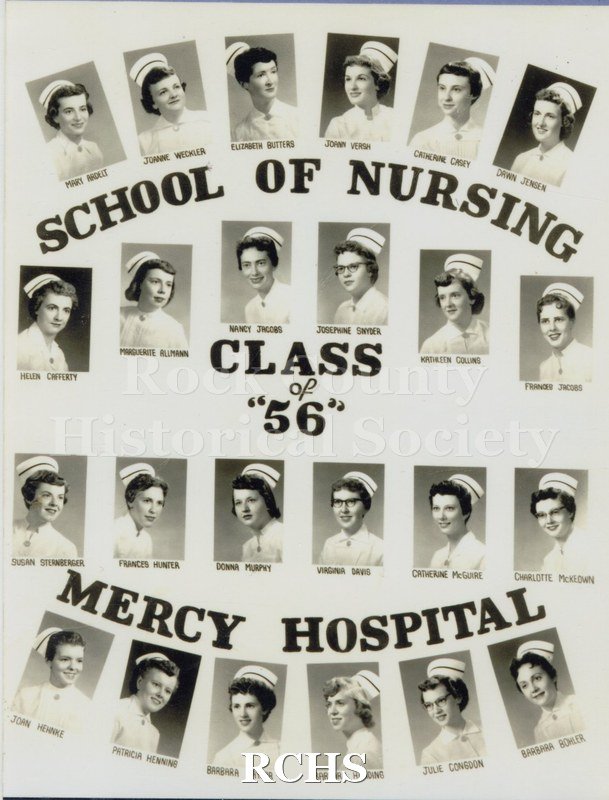 Black and white photograph of the Mercy Hospital School of Nursing Class of 1956: First Row: Mary Ardelt; Joanne Wexler; Elizabeth Butters; Joann Versh; Catherine.