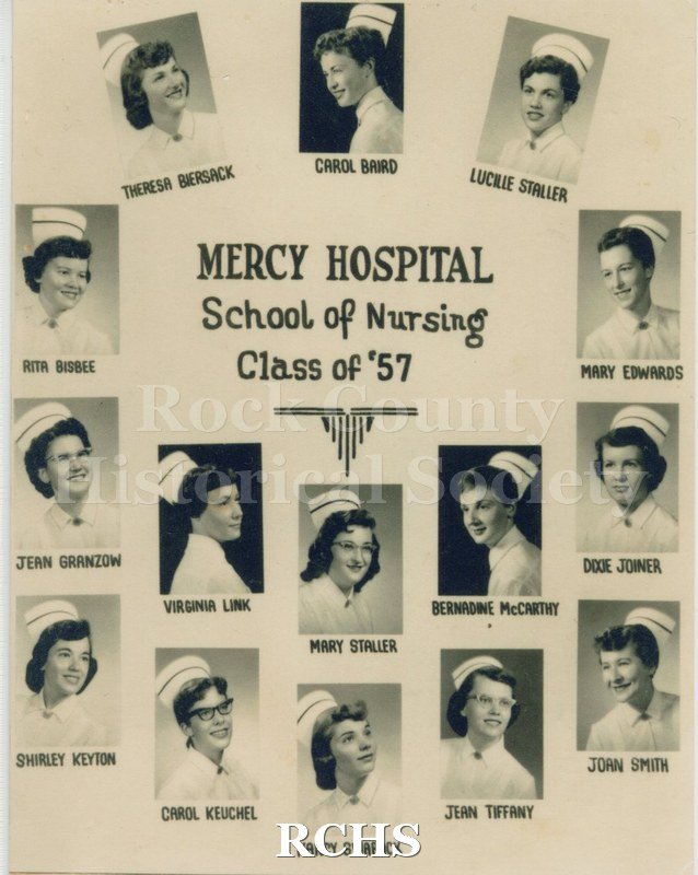Black and white photograph of the Mercy Hospital School of Nursing Class of 1957 First Row: Theresa Biersack; Carol Baird; Lucille Staller Second Row; Rita Bisbee.