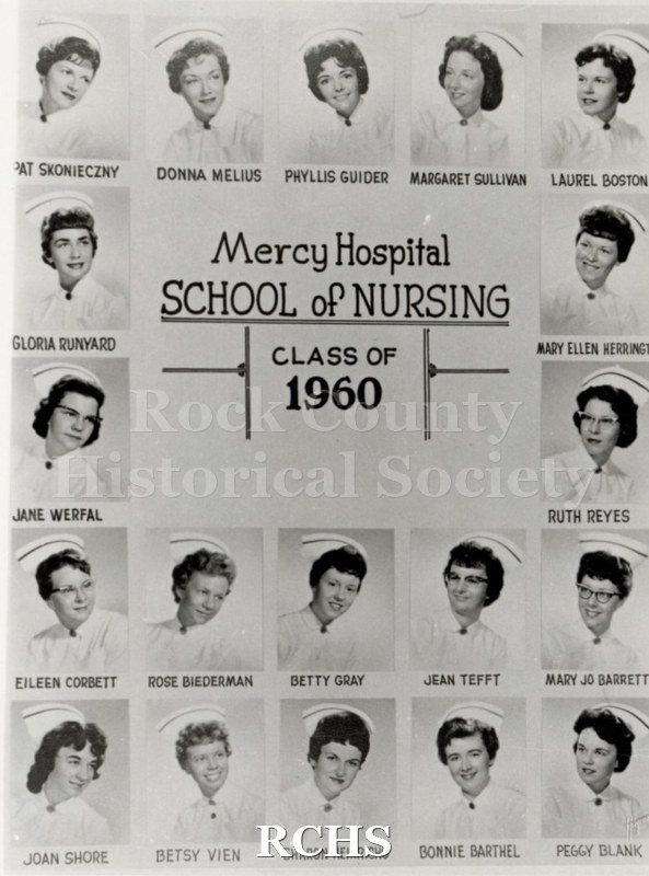 Black and white photograph of the Mercy Hospital School of Nursing Class of 1960 First Row: Pat Skonieczny; Donna Melius; Phyllis Guider; Margaret Sullivan; Laurel.