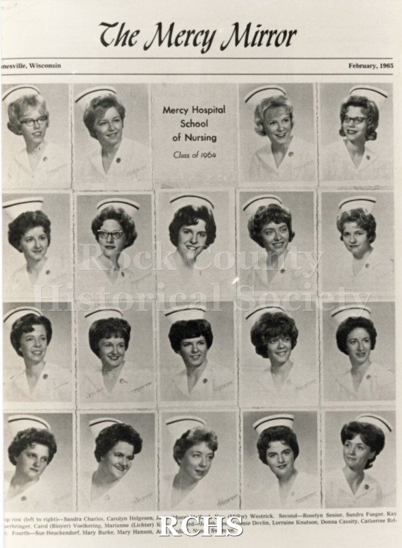 Black and white photograph of the Mercy Hospital School of Nursing Class of 1964 First Row: Sandra Charles; Carolyn Helgeson; Josie (Moen) Halford; Kay (Miller).