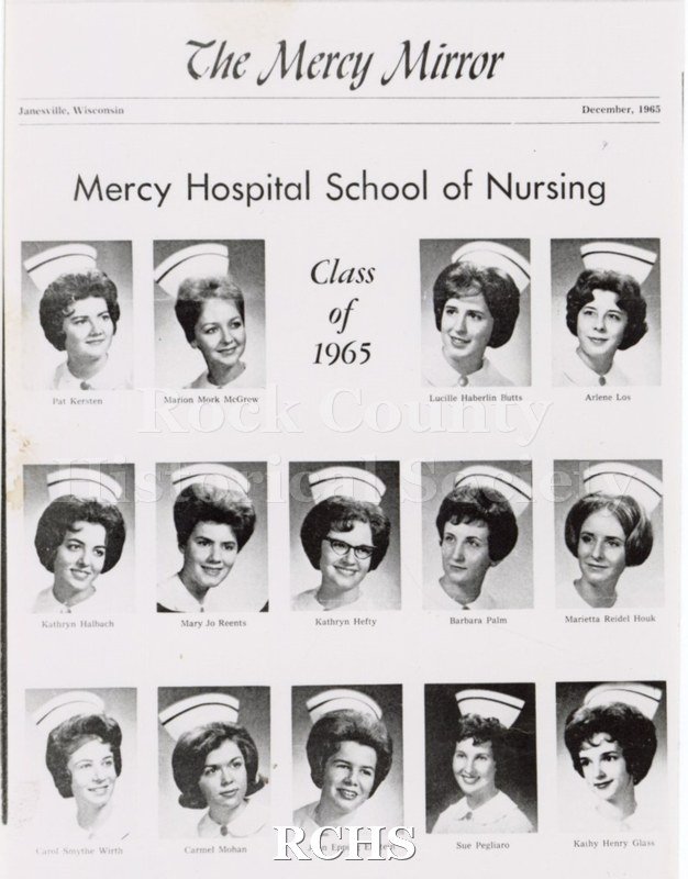 Black and white photograph of the Mercy Hospital School of Nursing Class of 1965 First Row; Pat Kersten; Marian Mork McGrew; Lucille Haberlin Butts; Arlene Lox.