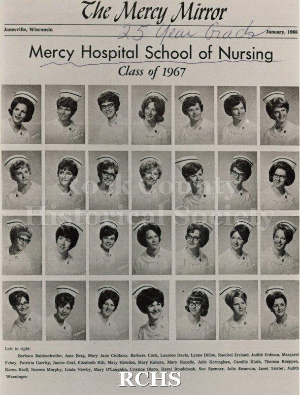 Black and white photograph of the Mercy Hospital School of Nursing Class of 1967 Left to Right: Barbara Baldeschwiler; Jane Berg; Mary Jane Cholhosz; Barbara Cook.
