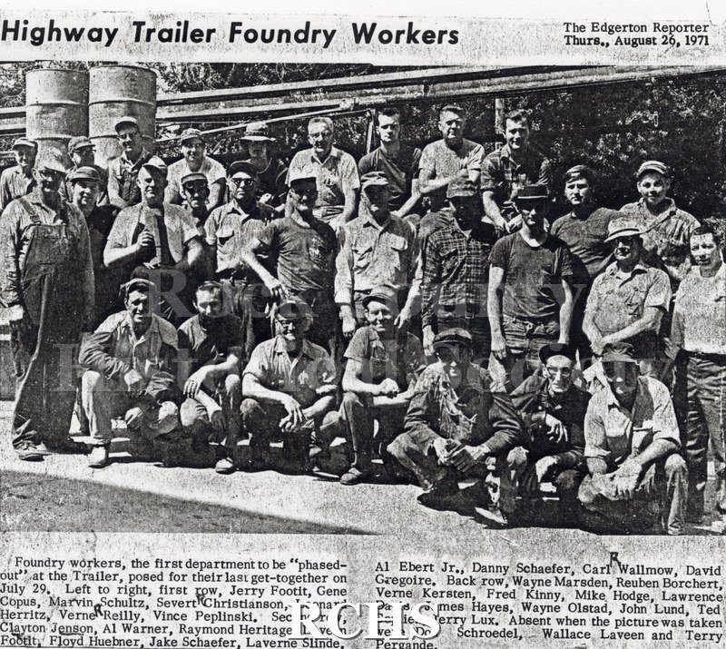 Black and white photograph of a newspaper article from the Edgerton Reporter showing several men standing and sitting on a sidewalk.