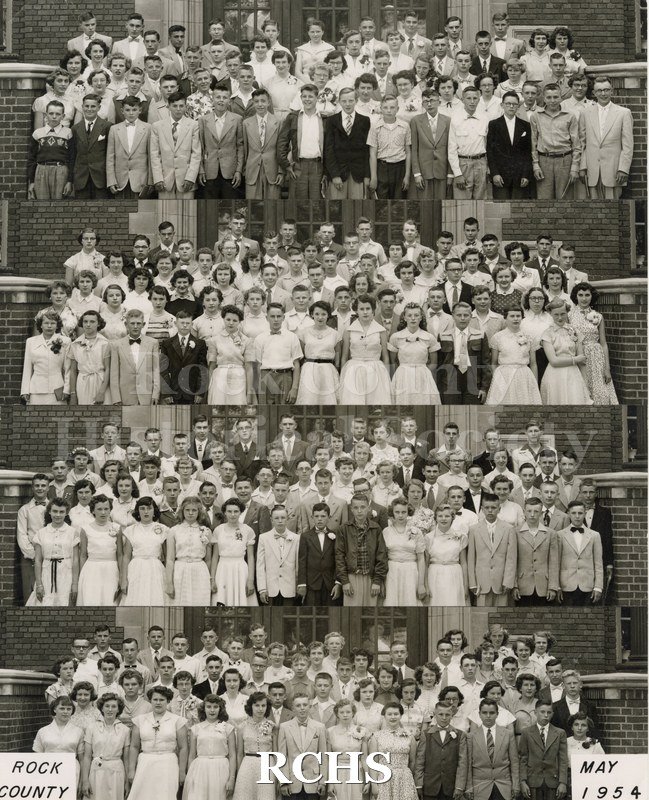 Black and white photograph of the 1954 eighth grade graduates form the rural schools in Rock County.