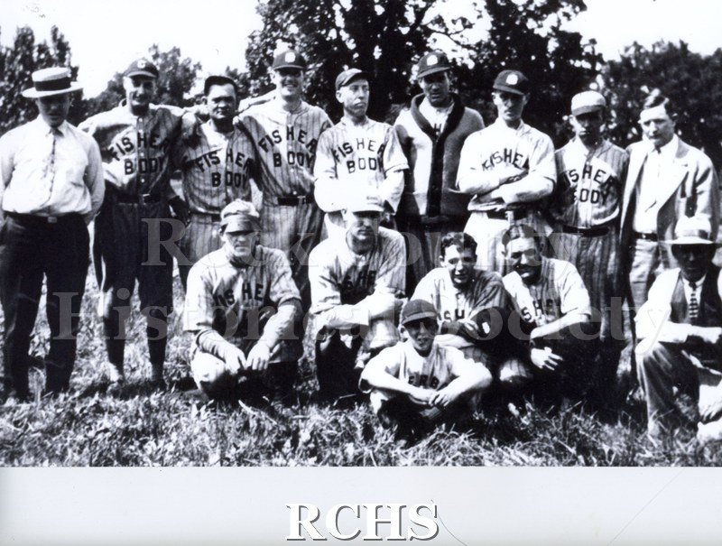Historic image of Black and white copy print of the Fisher Body baseball team.