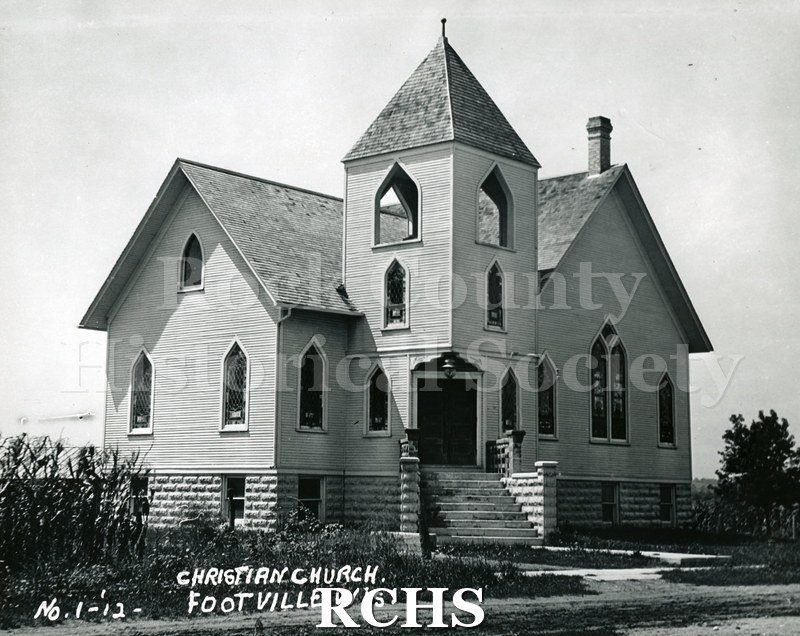 Historic image of Black and white copy print of Christian Church with a bell tower on the front and several steps leading up to it. On bottom: "No.