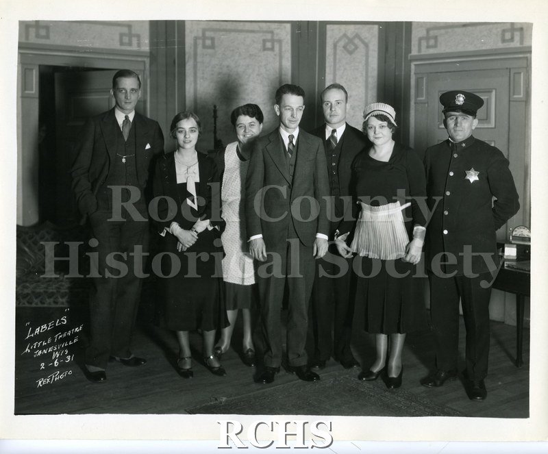 Historic image of Black and white photogrpah of the cast of the play, "Labels," Janesville Little Theatre production.