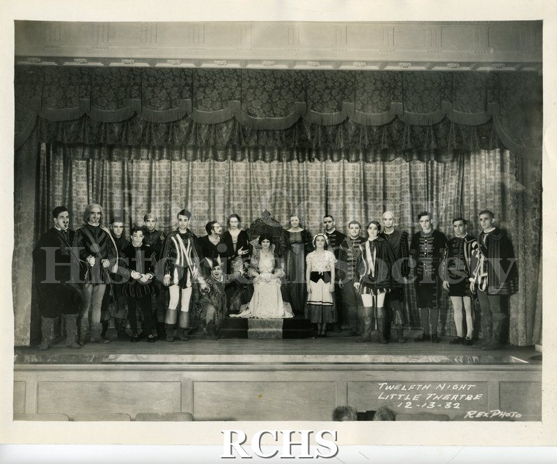 Black and white photograph of the cast of Janesville Little Theatre's 1932 production of "Twelfth Night." Notation on lower right of photo: "TWELFTH NIGHT LITTLE.