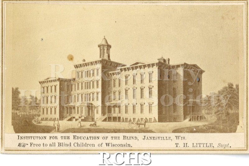 Carte-de-viste. Black and white photograph of the Institution for the Education of the Blind, Janesville, WI.