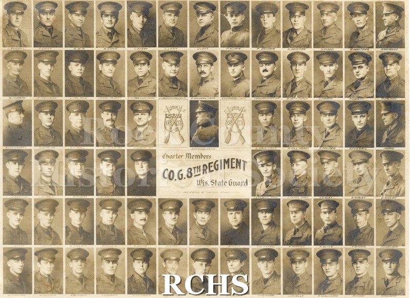 Tinted photo of the Charter Members/Co. G. 8th REGIMENT/Wis. State Guard. 72 individual photographs with names listed below.