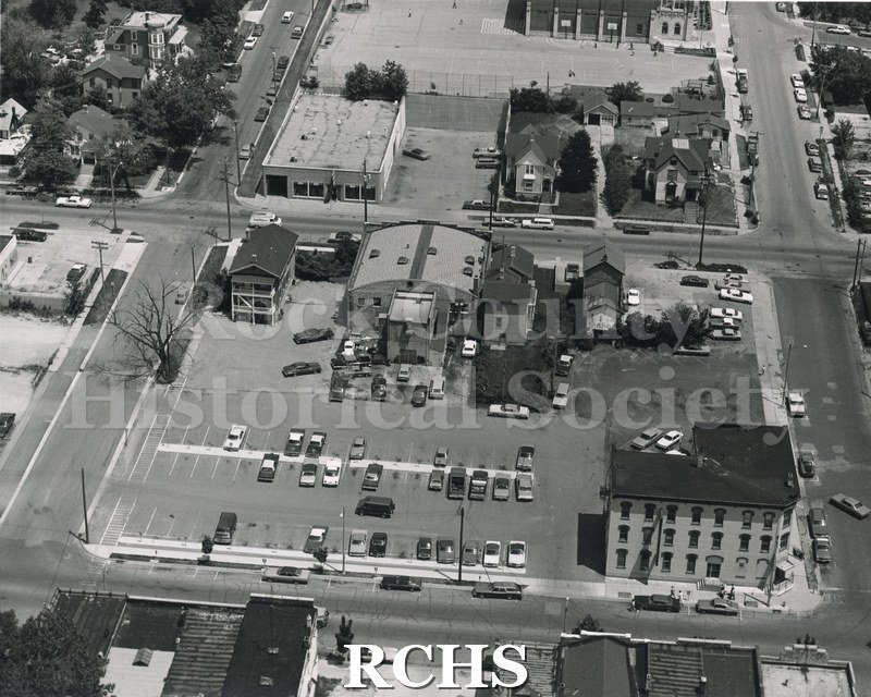 Black and white aerial view of 100 Block N. Main St., Janesville, WI.