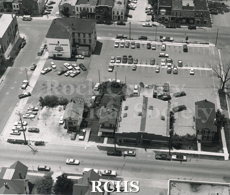 Blackand white aerial view of 100 Block N. Main St., Janesville, WI.