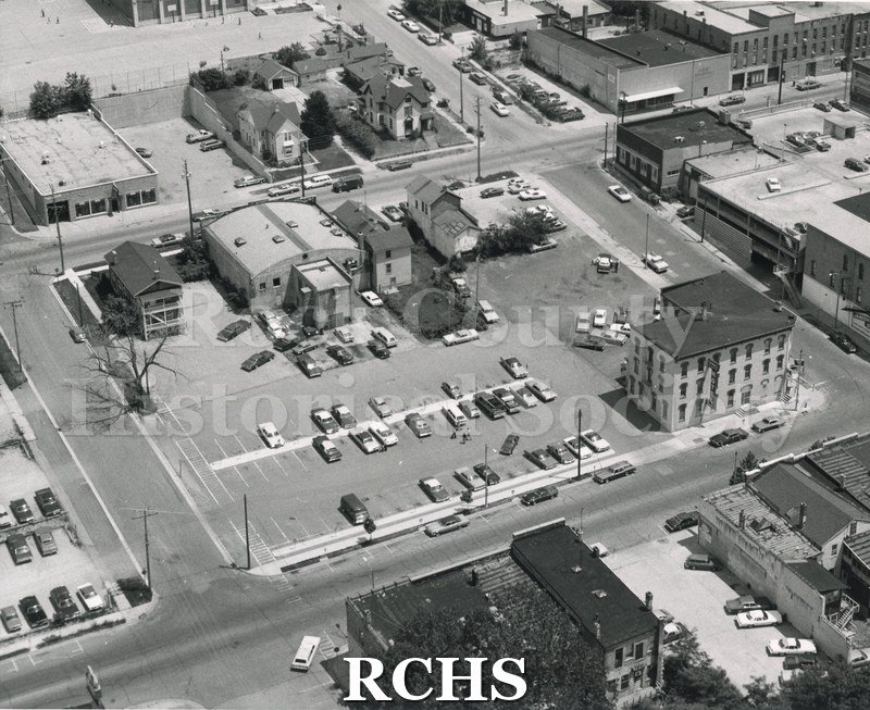 Black and white aerial view of 100 Block N. Main St., Janesville, WI.