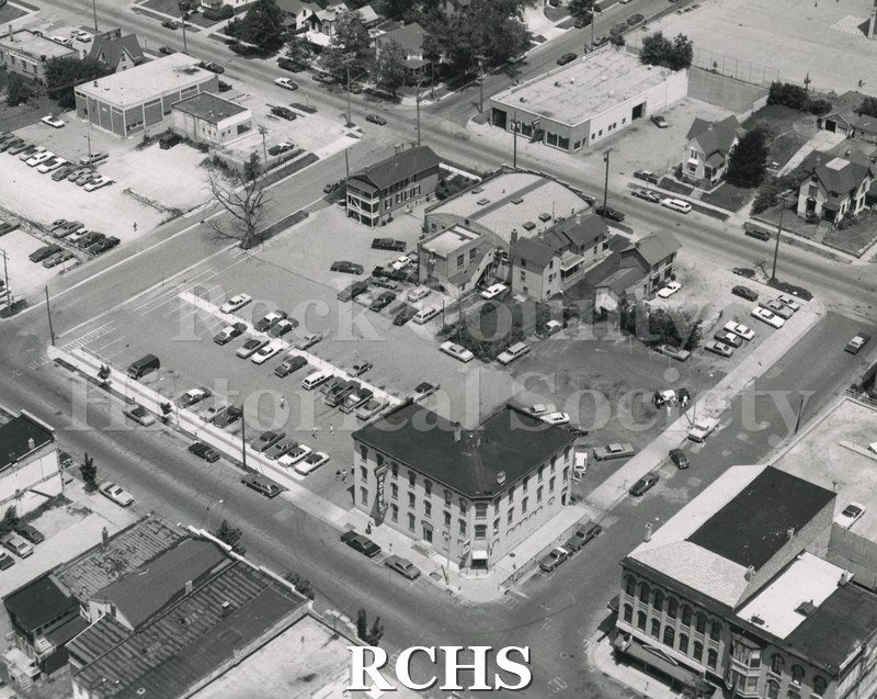 Black and white aerial view of 100 Block N. Main St., Janesville, WI.