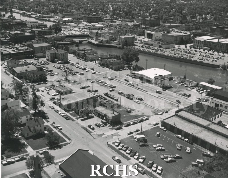 Black and white aerial view of 200 Block N. Main St., Janesville, WI.