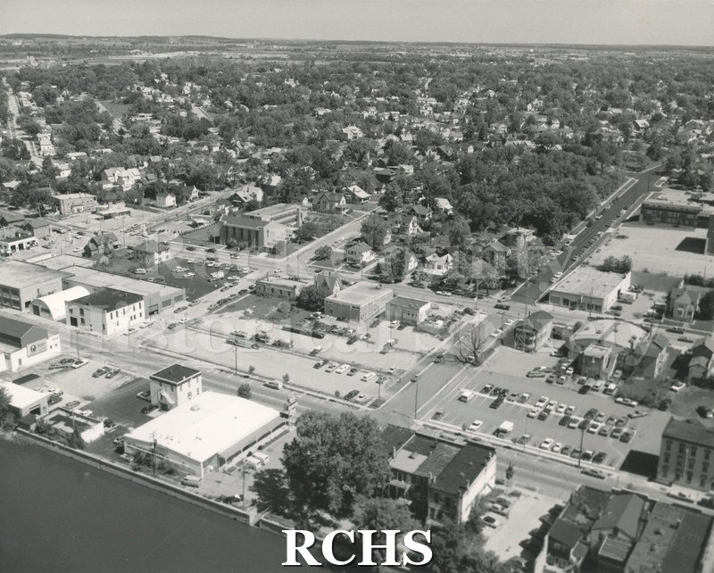 Black and white aerial view of 100-200 Block N. Main St., Janesville, WI.