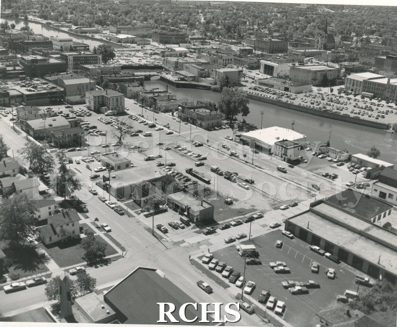 Black and white aerial view of 100-200 Block N. Main St., Janesville, WI.