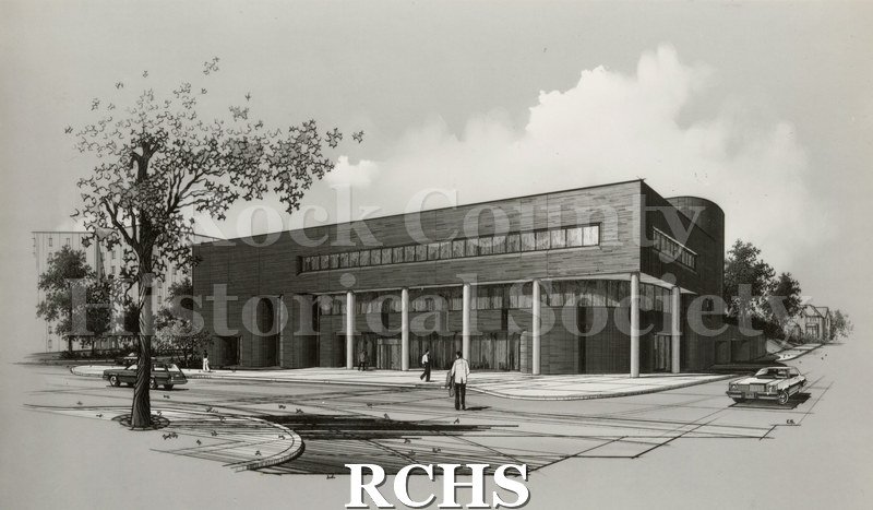 Black and white photograph of a drawing of The Bank of Wisconsin, Janesville, WI, a two-story building with pillars in front.