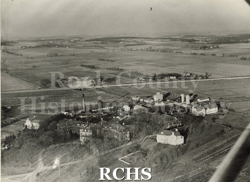 Black and white copy print aerial view of the asylum grounds in 1949.
