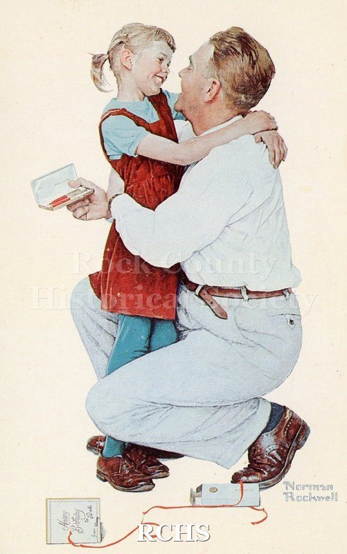 Postcard with one color illustration of girl in red smock over blue shirt and pants, hugging squatting man in white shirt and gray pants.